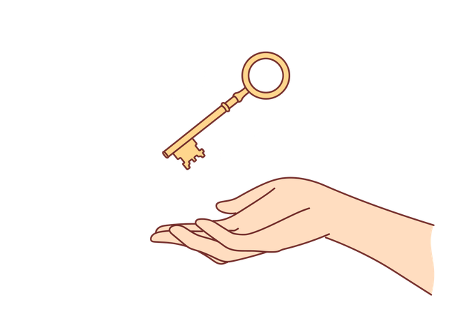 Golden key over woman hand to open safe or door  일러스트레이션