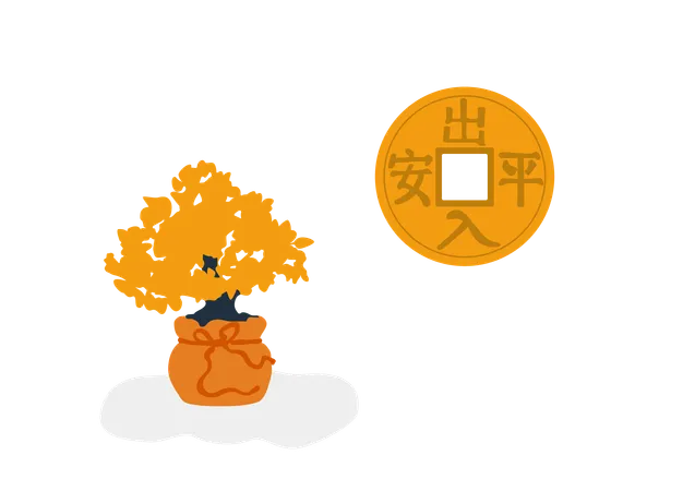 Golden tree and china coin  Illustration