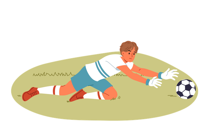 O goleiro joga futebol e pula para proteger a bola do time inimigo  Ilustração