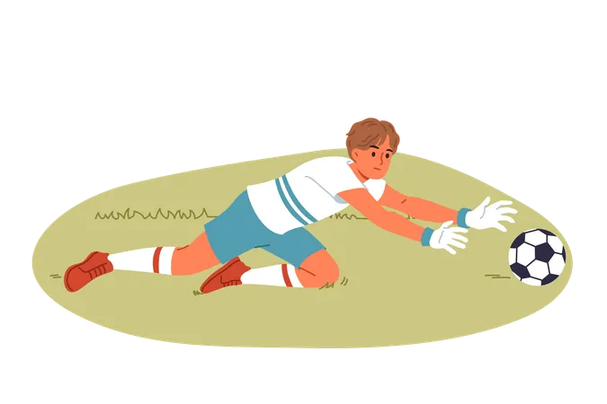 O goleiro joga futebol e pula para proteger a bola do time inimigo  Ilustração