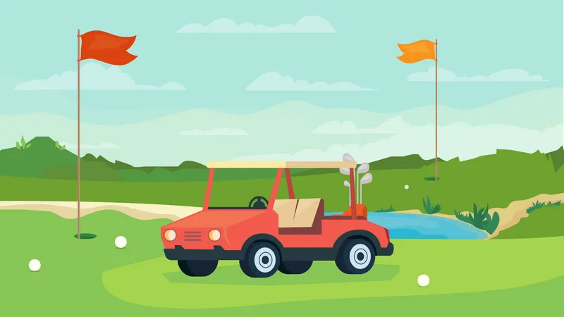 Golf Game View Banner In Flat Cartoon Design Golf Course Holes With Flagsticks Car With Equipment Competition Tournament Hobby Outdoor Activity Concept Vector Illustration Of Web Background Illustration