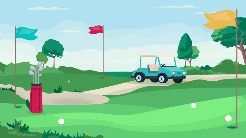 Golf Game Field Concept In Flat Cartoon Design Green Field With Holes For Balls And Flags Golf Car Bag With Clubs Competition Place Tournament Sport Vector Illustration Horizontal Background Illustration