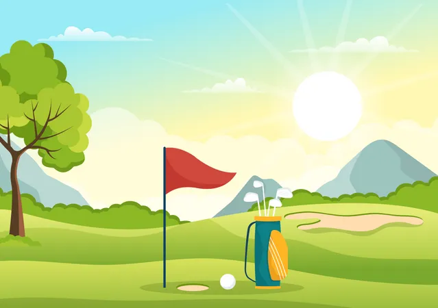Golf Sport Illustration With Flags Cart Sticks Green Field And Sand Bunker For Outdoors Fun Or Lifestyle In Flat Cartoon Hand Drawn Templates Illustration