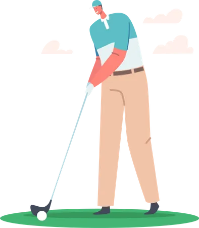 Summer Time Leisure Sport Training Or Competition Young Smiling Man In Sport Uniform Hit Ball With Golf Club On Playing Course Isolated On White Background Cartoon People Vector Illustration Illustration