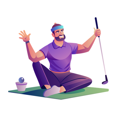 Golf player sitting down with golf stick and ball  Illustration