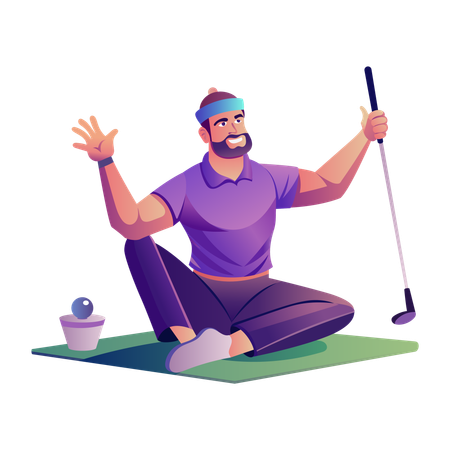 Golf player sitting down with golf stick and ball  Illustration