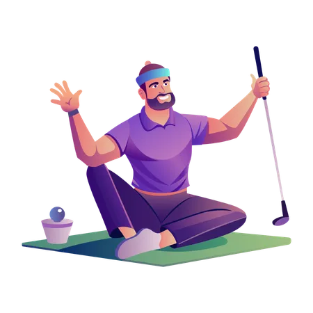 Golf player sitting down with golf stick and ball  Illustration