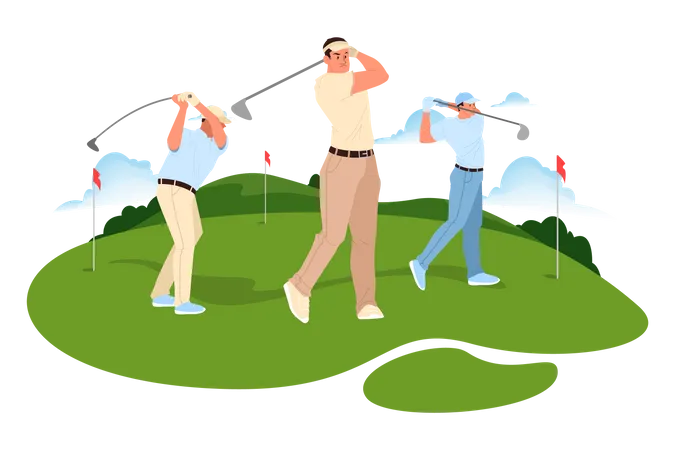 Man Play Golf Man Holding A Golf Club And Hitting The Ball Healthy Outdoor Lifestyle Isolated Vector Illustration In Cartoon Style イラスト