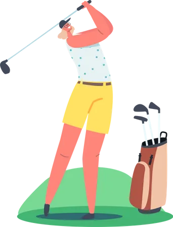 Golfer Girl Training Before Competition Sporty Lifestyle Female Character Hit Long Shot Practicing On Golf Driving Range Course Cute Golfing Girl Holding Club Isolated Cartoon Vector Illustration Illustration