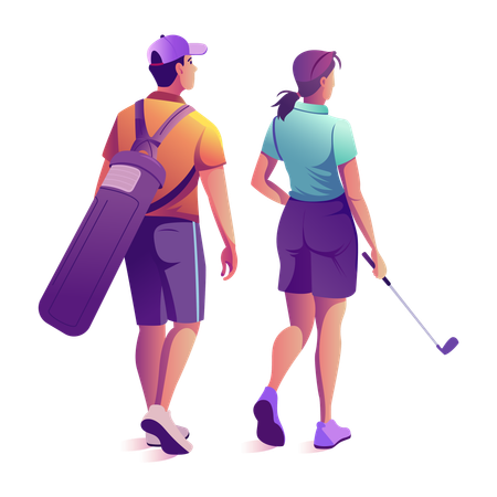 Golfer-Paar geht spazieren, während es Golfschläger und Golftasche hält  Illustration