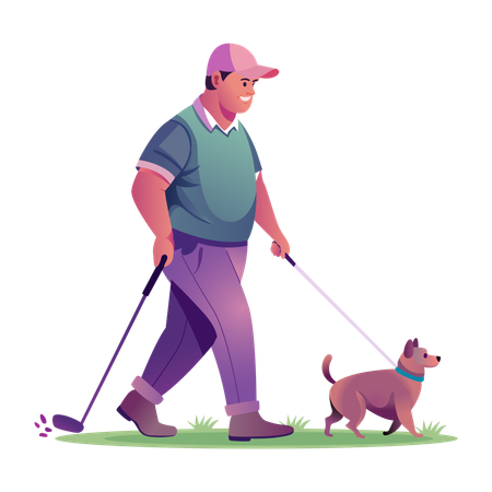 Golfer geht mit Hund spazieren  Illustration