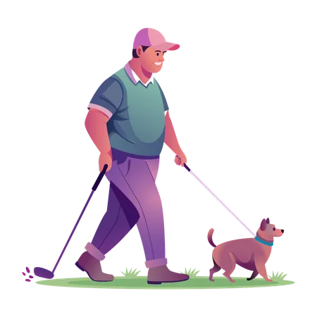 Golfer geht mit Hund spazieren  Illustration