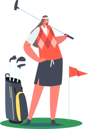 Golfer Woman Posing with Golf Club at Green Lawn  일러스트레이션
