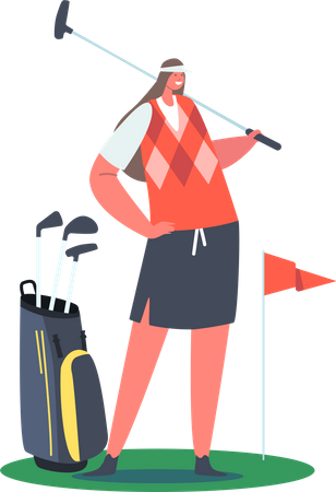 Golfer Woman Posing with Golf Club at Green Lawn  Illustration