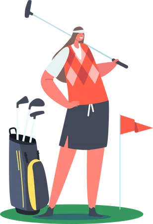 Golfer Woman Posing with Golf Club at Green Lawn  Illustration