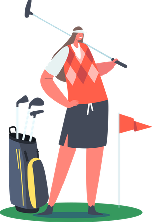 Golfer Woman Posing with Golf Club at Green Lawn  Illustration