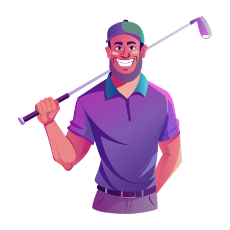 Golfeur professionnel souriant tout en tenant un bâton de golf  Illustration