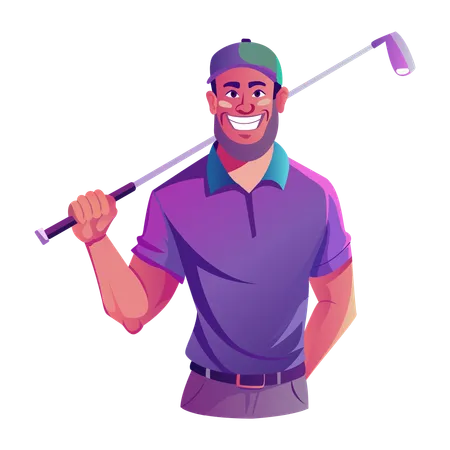 Golfeur professionnel souriant tout en tenant un bâton de golf  Illustration