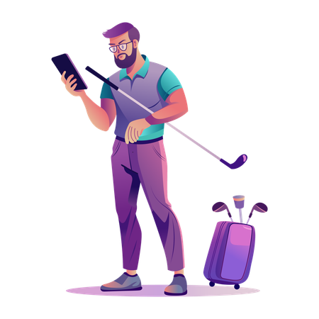 Golfing Boy holding mobile while playing golf  Illustration