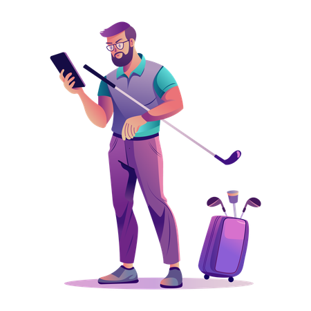 Golfing Boy holding mobile while playing golf  Illustration