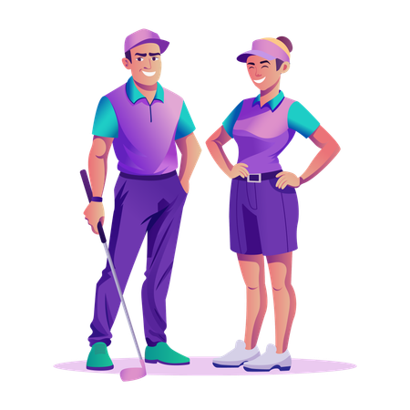 Golfing people standing while depicting  Illustration