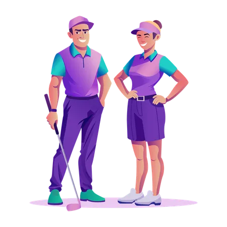 Golfing people standing while depicting  Illustration