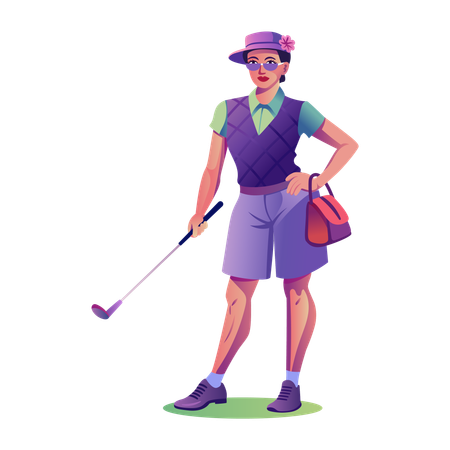 Mulher golfista dando pose de golfe  Ilustração