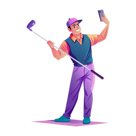 Jugador de golf tomándose un selfie con su móvil  Illustration