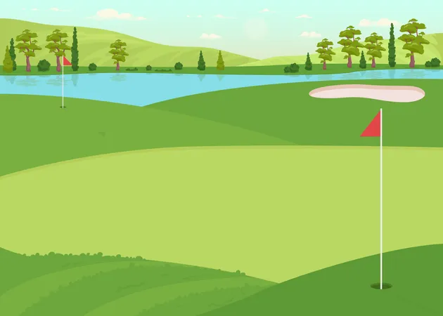 Golfplatz Flache Farbvektorillustration Rasen Fur Spielwettbewerb Loch Fur Ball Platz Fur Korperliche Aktivitat Aktiver Lebensstil Entspannte 2 D Cartoon Landschaft Mit Tageshimmel Im Hintergrund Illustration