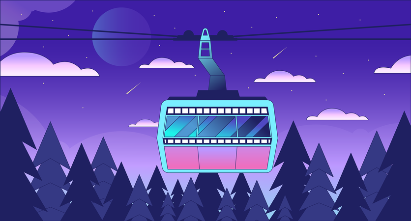 Gondola lift in summer forest night lo fi chill wallpaper  Illustration