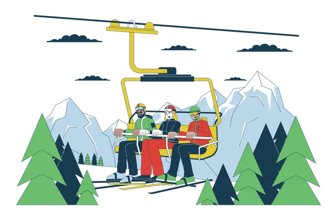 Gondola Skiers Riding On Ski Chairlift Line Cartoon Flat Illustration Winter Outerwear People On Ski Lift 2 D Lineart Characters Isolated On White Background Wintersport Scene Vector Color Image Illustration
