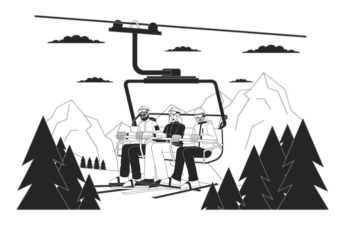 Gondola skiers riding on ski chairlift  Illustration