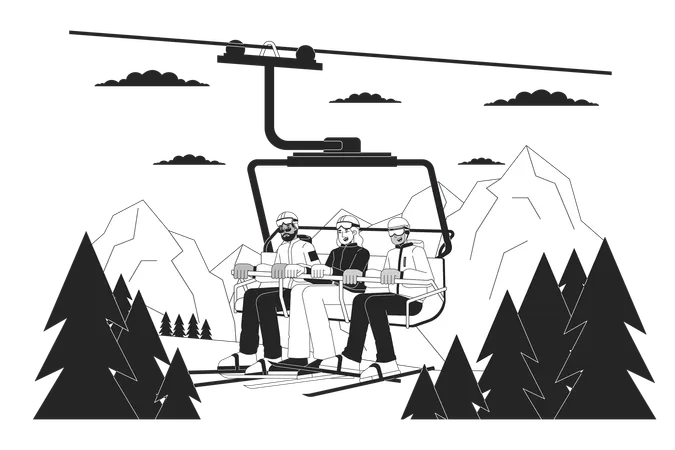 Gondola Skiers Riding On Ski Chairlift Black And White Cartoon Flat Illustration Winter Outerwear People On Ski Lift 2 D Lineart Characters Isolated Wintersport Monochrome Scene Vector Outline Image Illustration