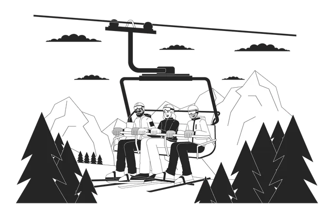 Gondola skiers riding on ski chairlift  Illustration