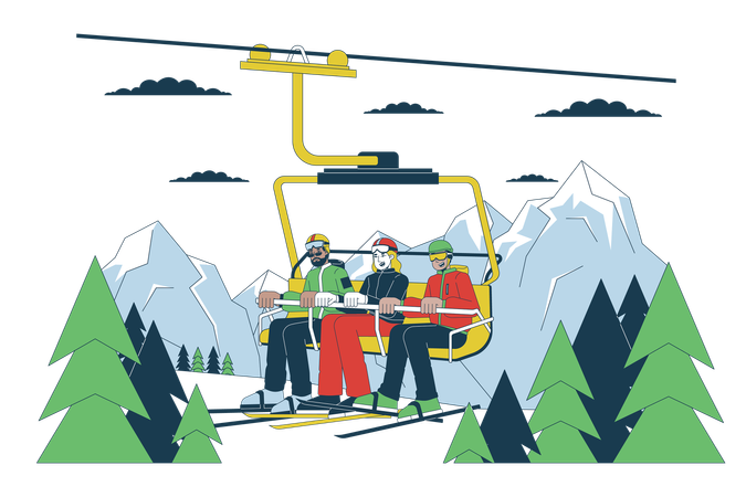 Gondola skiers riding on ski chairlift  Illustration