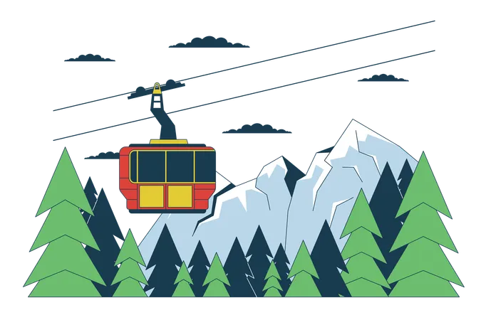 Gondola Skilift Mountain Forest Line Cartoon Flat Illustration Riding Elevator Ski Lift 2 D Lineart Landscape Isolated On White Background Ski Resort Winter Season Scene Vector Color Image Illustration
