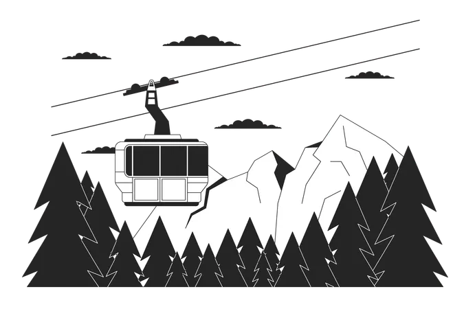 Gondola Skilift Mountain Forest Black And White Cartoon Flat Illustration Riding Elevator Ski Lift 2 D Lineart Landscape Isolated Ski Resort Winter Season Monochrome Scene Vector Outline Image Illustration
