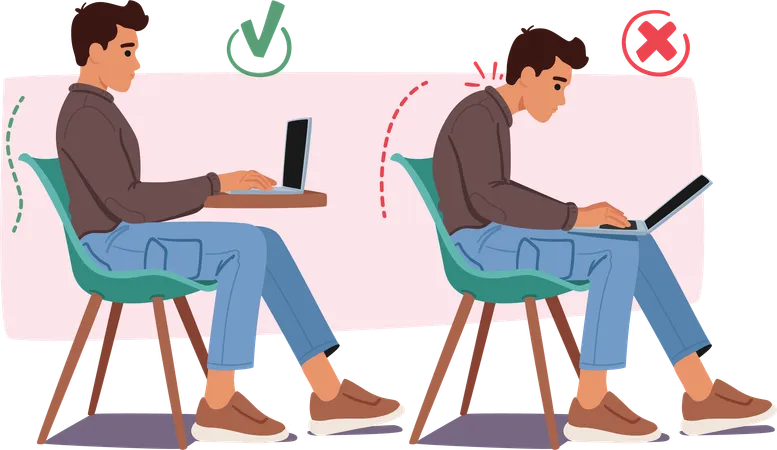 Man Bad And Good Poses For Working On Pc Wrong Hunched Back And Cramped Shoulders Proper Straight Back And Relaxed Shoulders For Ergonomic Laptop Use Promoting Better Posture And Comfort Illustration