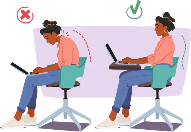 Woman Showing Bad And Good Poses For Working On Laptop Wrong Hunched Back And Cramped Shoulders Proper Straight Back And Relaxed Shoulders For Ergonomic Pc Use Promoting Better Posture Or Comfort 일러스트레이션
