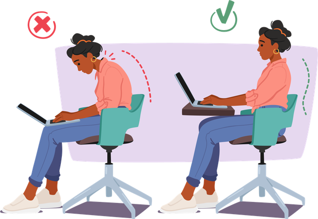 Good and bad body posture while working on desk  Illustration