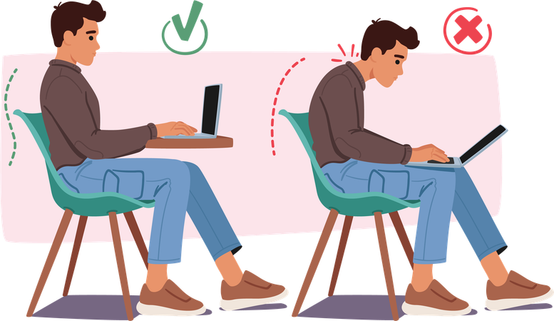 Good and bad body posture while working on desk  Illustration