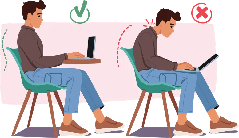 Good and bad body posture while working on desk  Illustration