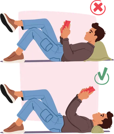 Male Character Reading Lying On Pillow In Right And Wrong Postures Improper Slouching With Rounded Shoulders Proper Hands Upright Front Of Eyes Level Maintaining A Healthy Spine Alignment Illustration