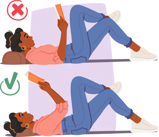 Black Female Character Reading Lying On Pillow In Right And Wrong Postures Improper Slouching With Rounded Shoulders Proper Hands Upright Front Of Eyes Level Maintaining Healthy Spine Alignment Illustration