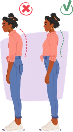 Black Woman With Standing In Bad Posture Slouched With Rounded Shoulders Good Posture Upright Shoulders Back And Aligned Spine Enhances Health And Wellbeing Cartoon People Vector Illustration イラスト