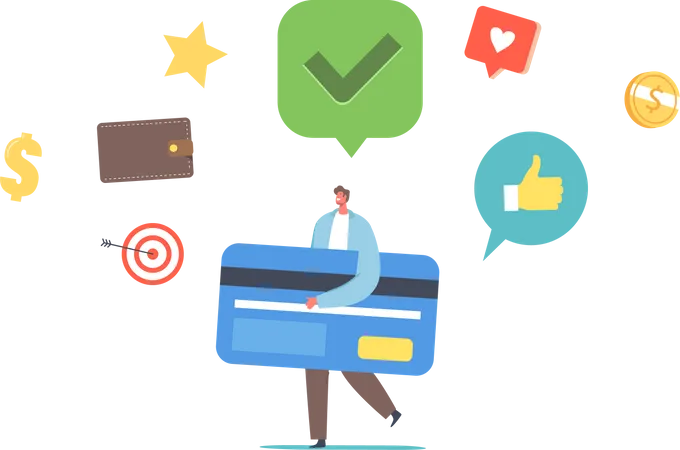 Tiny Man Carry Huge Card Got Good Credit Score Rate Cashless Payment Or Transfer Money Banking Transaction Male Character Using Bank Services For Shopping Cartoon People Vector Illustration 일러스트레이션
