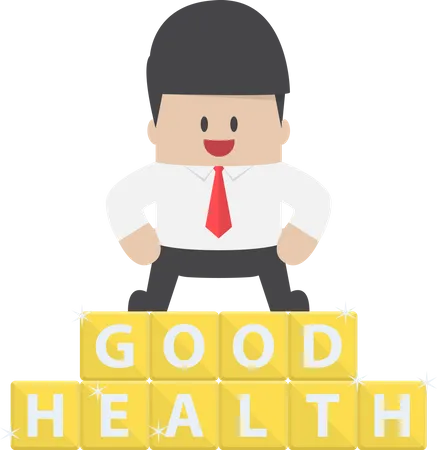 Businessman Standing On Blocks With Good Health Word Healthy Lifestyle Concept イラスト