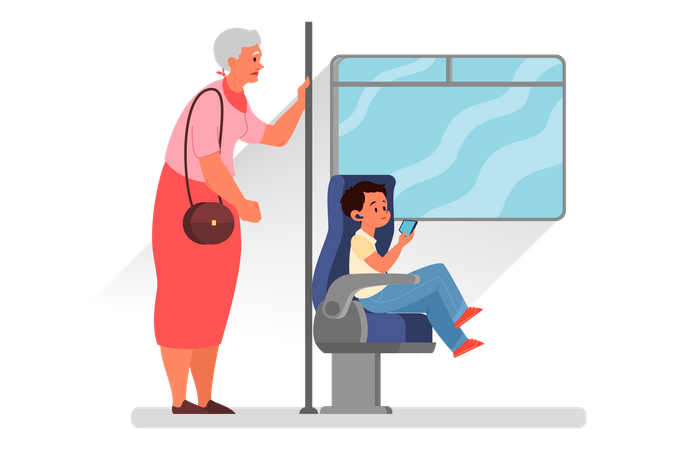 Good manners concept Retired woman standing in the bus  Illustration