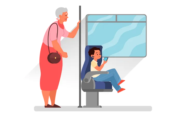 Good manners concept Retired woman standing in the bus  Illustration