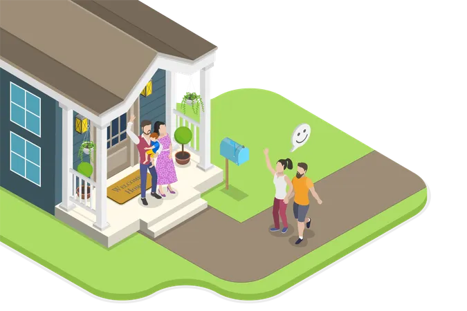 3 D Isometric Flat Vector Conceptual Illustration Of Good Neighbor Relations Country Life イラスト